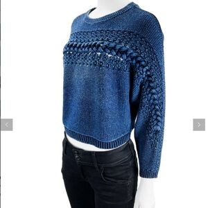 INTERMIX Deep Blue long sleeve cotton Knit Top with braided detail P/XS